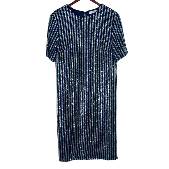 Anthropologie Flat White Short-Sleeve Sequin Stripe Shift Midi Dress Medium - Picture 5 of 14